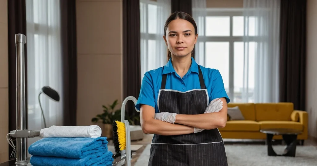 Housemaid uniforms displayed on hangers, featuring durable, easy-care fabrics in various colors.