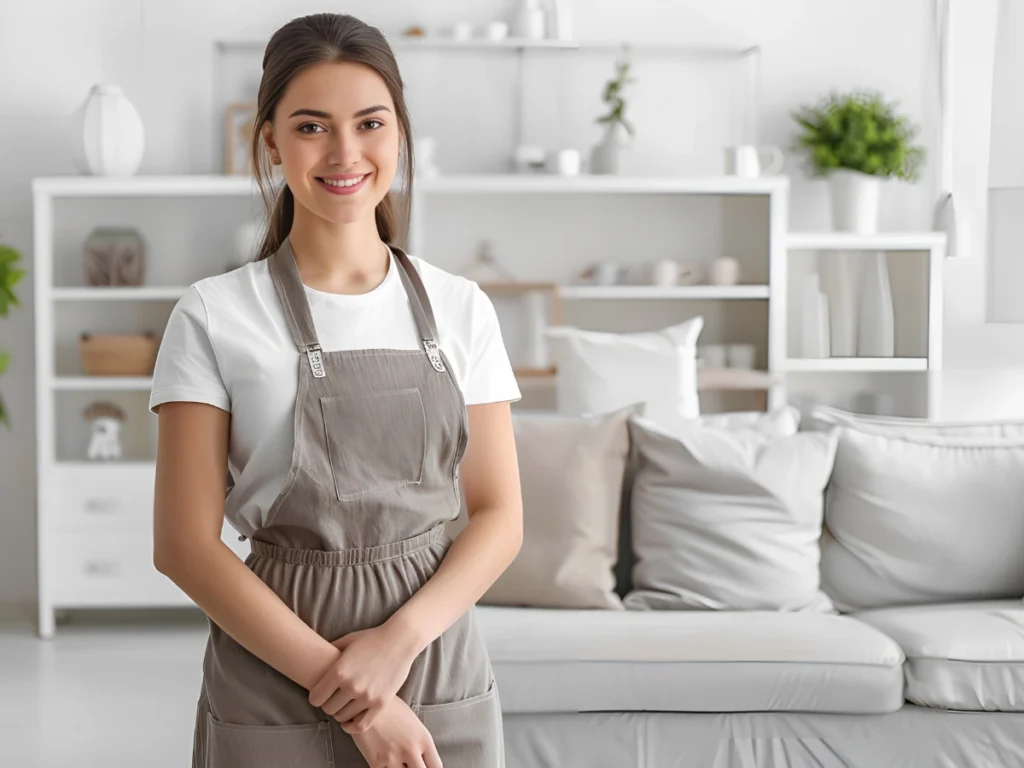 Different styles of housemaid uniforms laid out, including dresses and pant sets with matching aprons.