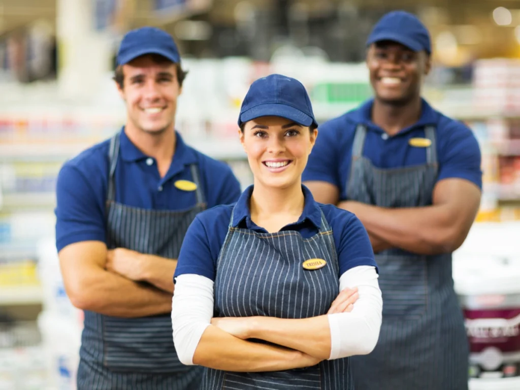 Retail staff dressed in moisture wicking polo shirts Dubai, durable and breathable uniforms for daily store operations.