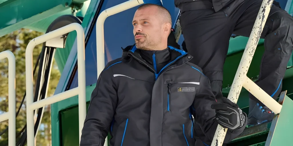 Worker wearing black Softshell Jackets designed for outdoor industrial use with weather protection and comfort.