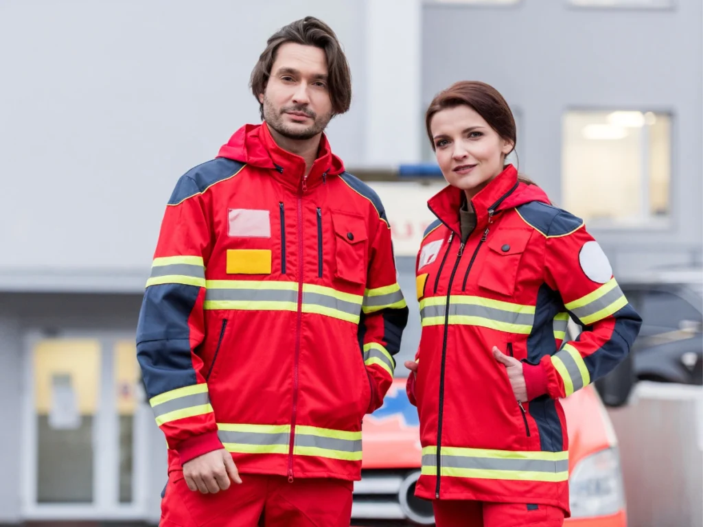 Men and women wearing red Softshell Jackets with reflective strips for safety, ideal for emergency and field work.