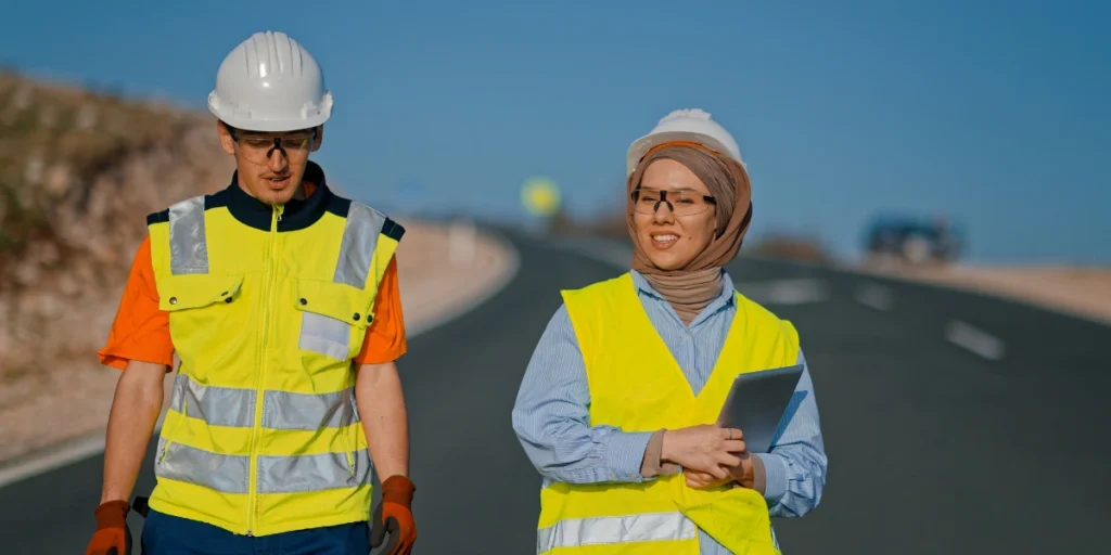 Eco-friendly workwear for road construction teams, breathable safety uniforms supporting comfort, visibility, and environmental responsibility.