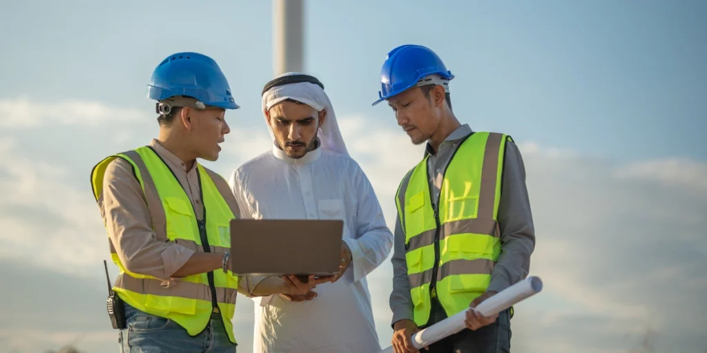 Eco-friendly workwear worn by construction professionals reviewing plans on site, designed for safety, comfort, and sustainability.