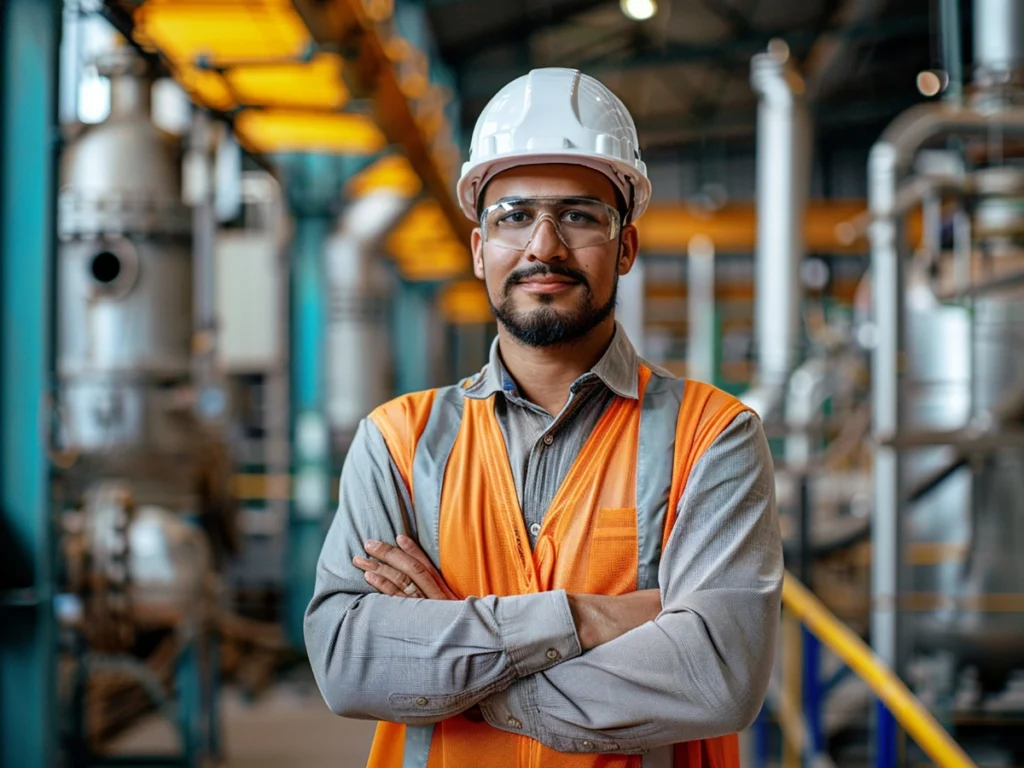 Eco-friendly workwear featuring a factory engineer in safety gear, sustainable uniforms built for durability and daily industrial use.